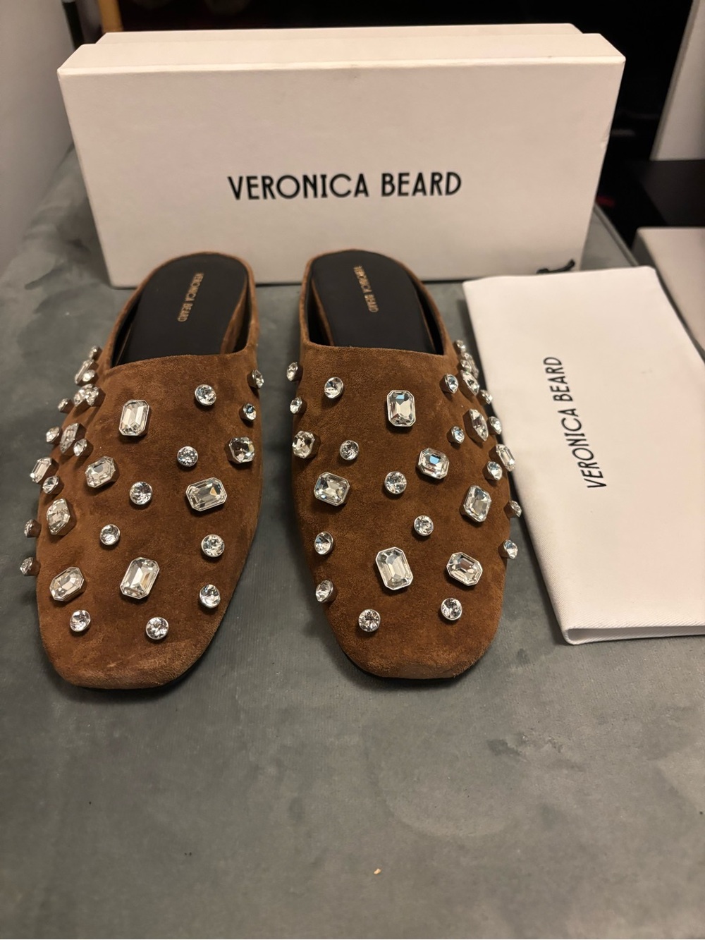 Veronica Beard Brown Suede Jeweled Slip-On Mules